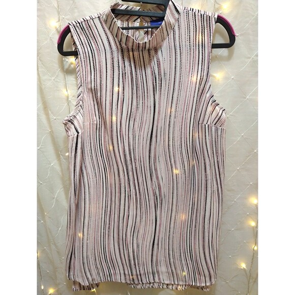APT.9 WOMANS MEDIUM BLOUSE STRIPED DOTTED SLEEVELESS MOCK CHIC TUNIC RETRO FLOWY - Picture 1 of 12